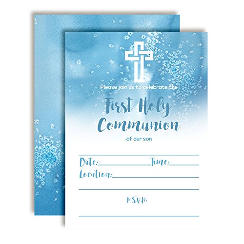 Blue Watercolor First Holy Communion Religious Party Invitations for Boys, 20 5"x7" Fill