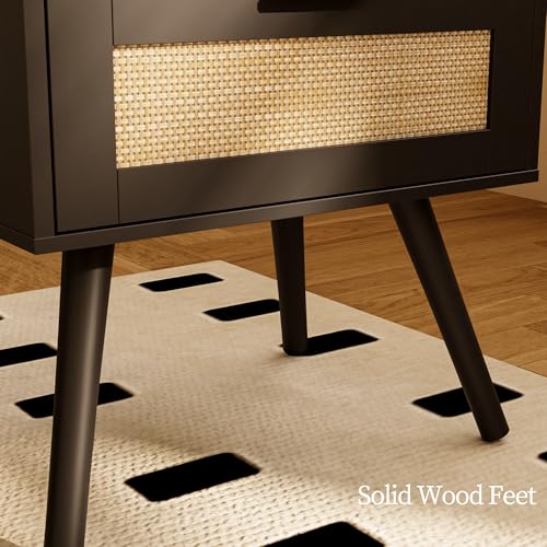 Image of JOONEE Rattan Nightstand with Charging Station,Farmhouse Bedside Table with 2 Storage Drawer and Open Wood Shelf, for Bedroom and Small Spaces,Night Stand with Solid Wood Legs (Black-Outlet)
