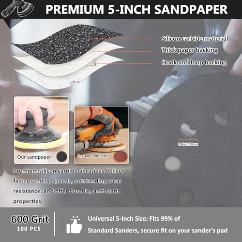 Image of 100PCS 5 Inch Sanding Discs 600 Grit, Wet Dry Hook and Loop Sandpaper | 8 Hole Silicon Carbide Round Sand Paper, Water and Oil Resistant, Orbital Sander for Wood Metal Automotive Polishing