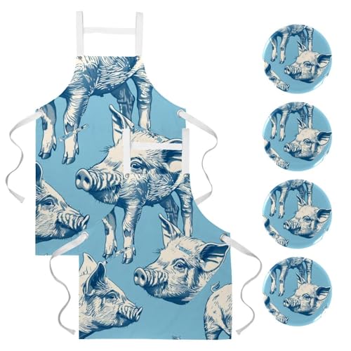 Tabliers de cuisine en lin avec 2 poches réglables lot de 2 cochon bleu