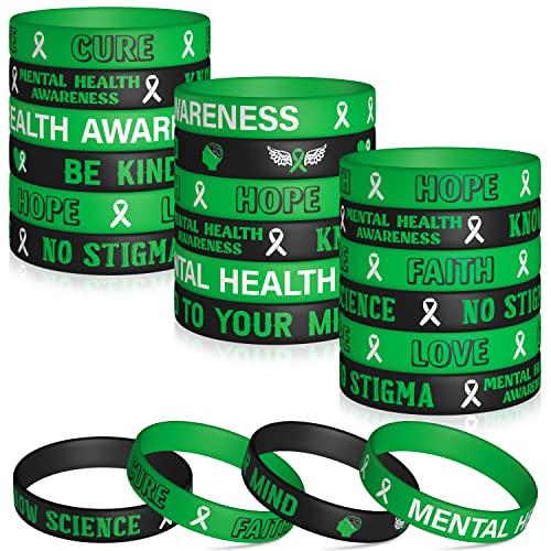 WATINC Mental Health Awareness Silicone Bracelets Set Mental Health Hope Green Ribbons Rubber Stretch Wristbands Motivational Rubber Bracelet with Inspirational Message for Men Women Teens (48Pcs)