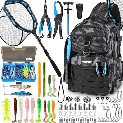 Image of PLUSINNO Fishing Backpack with Fishing Gear Fishing Net, Waterproof Tackle Backpack with Rod Holders, Tackle Box, Lures, Tools, Pliers & Accessories, Fish Gifts for Men
