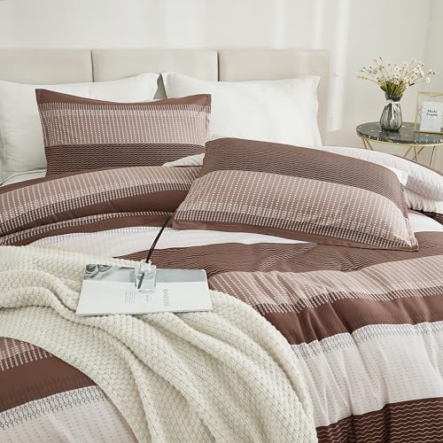 Litanika Brown Comforter Set California King - 3 Pieces Lightweight Brown White Colorblock Stripe Fluffy Bedding Comforter Sets, All Season Bed Set