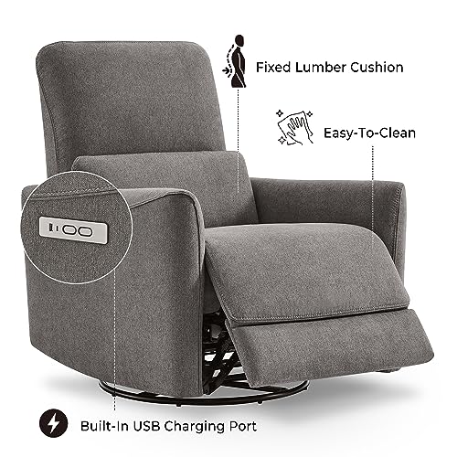 Image of CHITA Power Swivel Glider Recliner Chair, Nursery Glider, Fabric Metal Grey | FSC Certified Upholstery Rocking Chair, Power Lumbar Support, Reclining Chair for Living Room & Nursery