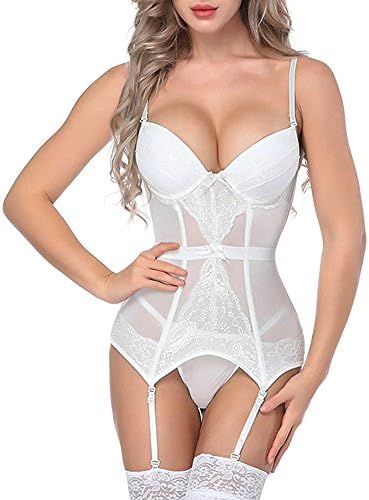 Shybuy Women's Bustier Corset Sexy Girdle Waist Cincher with Garter Belt Sexy Bodydoll White Lingerie