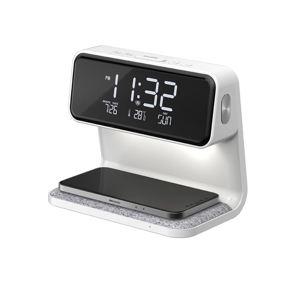 Lampada sveglia intelligente bianca Caricatore wireless Orologio Comodino intelligente Allarme allegro Comodino digitale senza fili Nitido