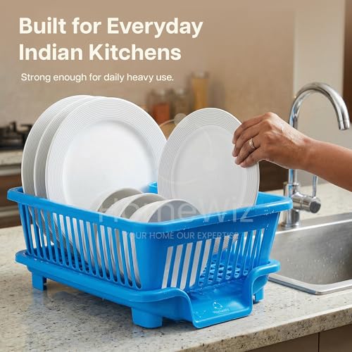 Image of HomeWiz Plastic Dish Drying Rack | Rust-Free Utensil Rack with Built-in Drainage | 50 KG + Weight Capacity | Kitchen Rack with Cutlery Holder | BPA-Free Food Grade Plastic | 43x30x20 cm | Blue