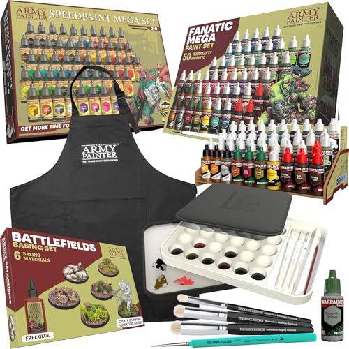 The Army Painter Ultimatives Starter-Bundle inkl. Warpaints Fanatic & Speedpaint 2.0 Mega Set Wet Palette XL Battlefield Basing Masterclass Drybrushes schwarze Schürze 2 Pinsel Brush-on Primer