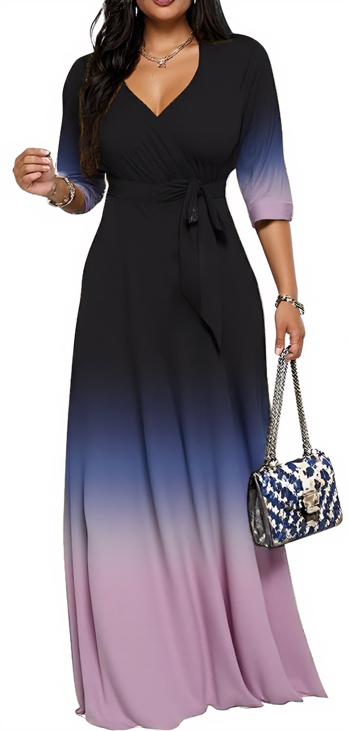 Women's Church Maxi Wrap V Neck 3/4 Sleeve Tie Waist Plus Size Long Dress