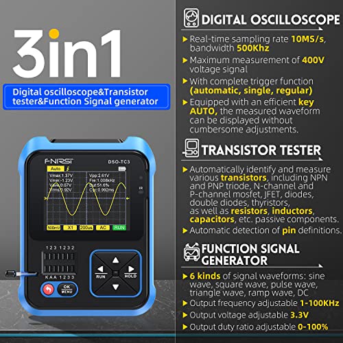 Mivofun Dso-Tc3 Portable Assembled Digital Oscilloscope Set, 3-In-1 Handheld Mini Oscilloscope & Transistor Tester & Signal Generator, 10Msa/S Sampling Rate 500Khz Bandwidth, With X10 Probe #TOP1