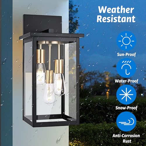 MELUCEE 16.5" Large Outdoor Wall Lanterns 2 Pack in Black Brass, 3 Light Modern Farmhouse Exterior Lighting Fixtures with Clear Glass Waterproof Outside Sconce for Garage Porch Patio House by MELUCEE - Image 5