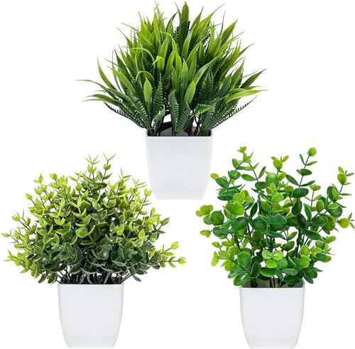 BROZZO Artificial Potted Plants, 8 Pack Artificial Plastic Eucalyptus Plants Small Indoor Potted Houseplants, Small Faux Plants for Home Decor Bathroom Office Farmhouse (Set of 3)