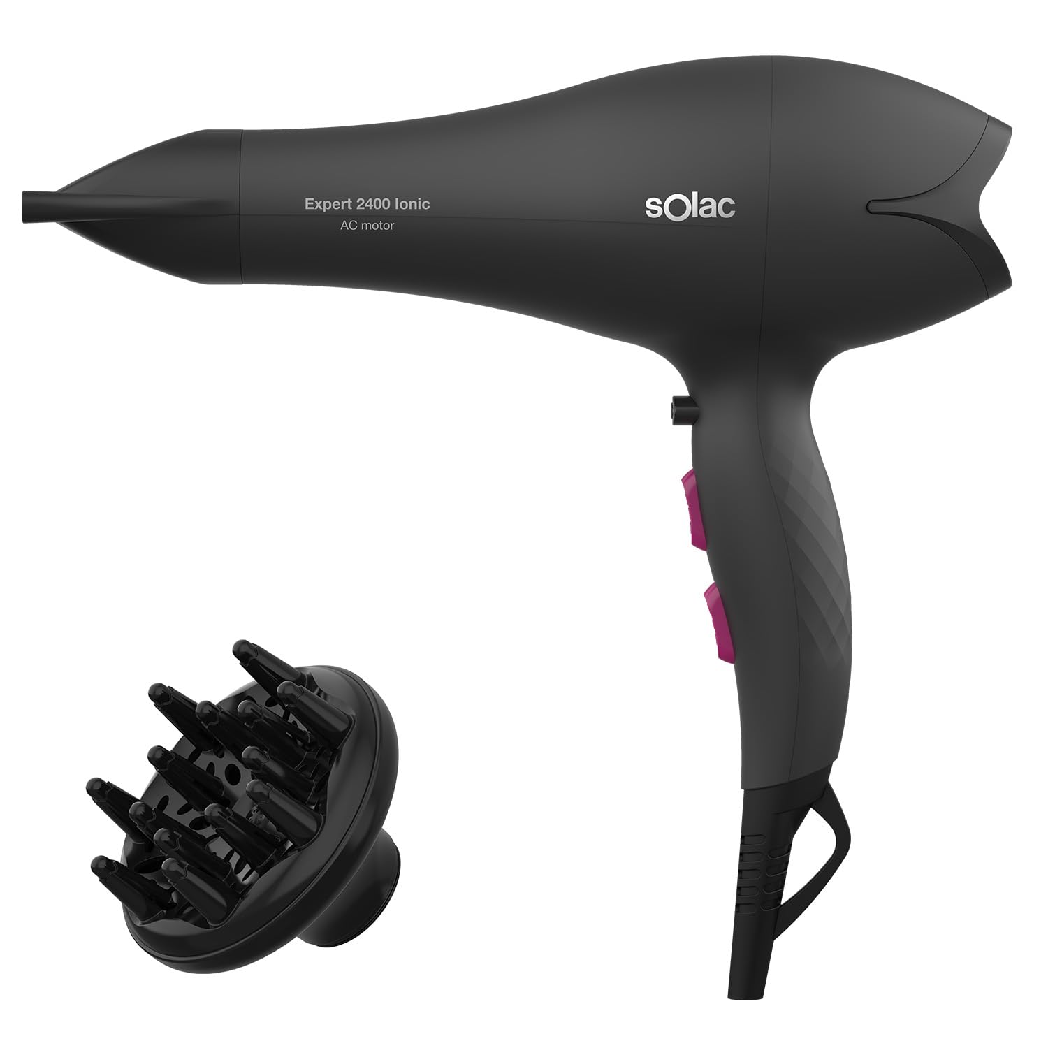 Solac - Secador de Pelo Expert 2400 Ionic | Motor AC Profesional | 2400W | Función iónica | 2 velocidades y 3 temperaturas | Filtro extraíble | Golpe de aire frío | Incluye concentrador y difusor