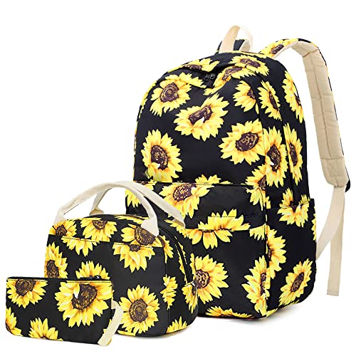 Lmeison Sunflower Backpack for Wemen Teen Girls, Floral College Bookbag with Lunch Bag&Pencil Case, Waterproof and Lightweight, Travel Daypack 15" Laptop Bag for School