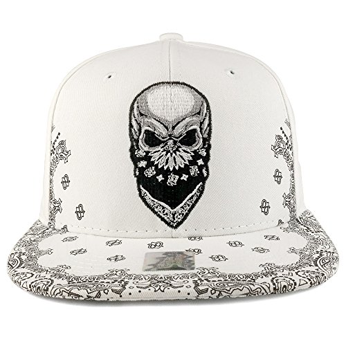 Trendy Apparel Shop Skull Bandana Embroidered Snapback with Paisley Print Flatbill Cap - White
