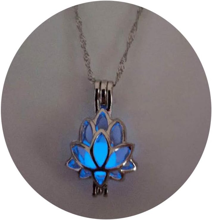 U-K Sky Blue Glow in The Dark Lotus Flower Shaped Pendant Necklace for Women Creative and Useful Professional and Attractive