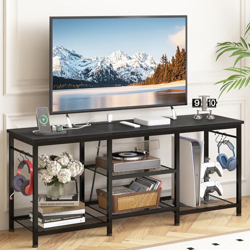YGEOMER Entertainment Center for Up to 55 Inch TVs, TV Stand with Power Outlet and Open Storage Shelves, TV Media Console Table for Living Room and Bedroom, Black