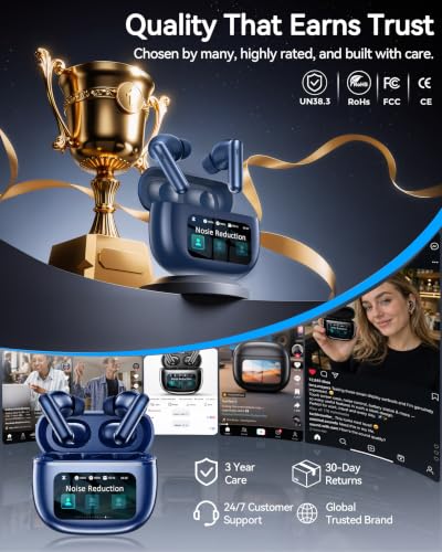 Image of Wireless Earbuds with Smart Touchscreen Case, Bluetooth 6.0 Ear Buds with AI Noise Cancelling Calls, 40H Playtime Stereo Headphones, IPX7 Waterproof Earbuds for Workout, Travel, iPhone,Android,Blue