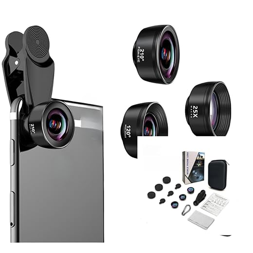 3-in-1 Phone Camera Lens Kit – 210° Fisheye Lens, 120° Wide Angle Lens, 20X Macro Lens for iPhone, Samsung & Android Smartphones – HD Optical Glass, Universal Clip, Portable Case (Black) (3 in 1)