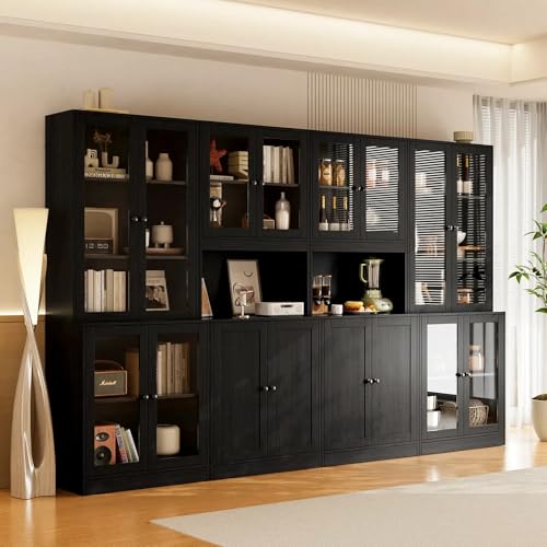 TUSY VOWNER 71\'\' Tall Pantry Cabinet, Kitchen Hutch Storage Cabinet, Buffet Hutch, China Cabinet with Glass Doors, 5-Tier Storage Cabinets for Dining Room, Kitchen, Living Room (Black)