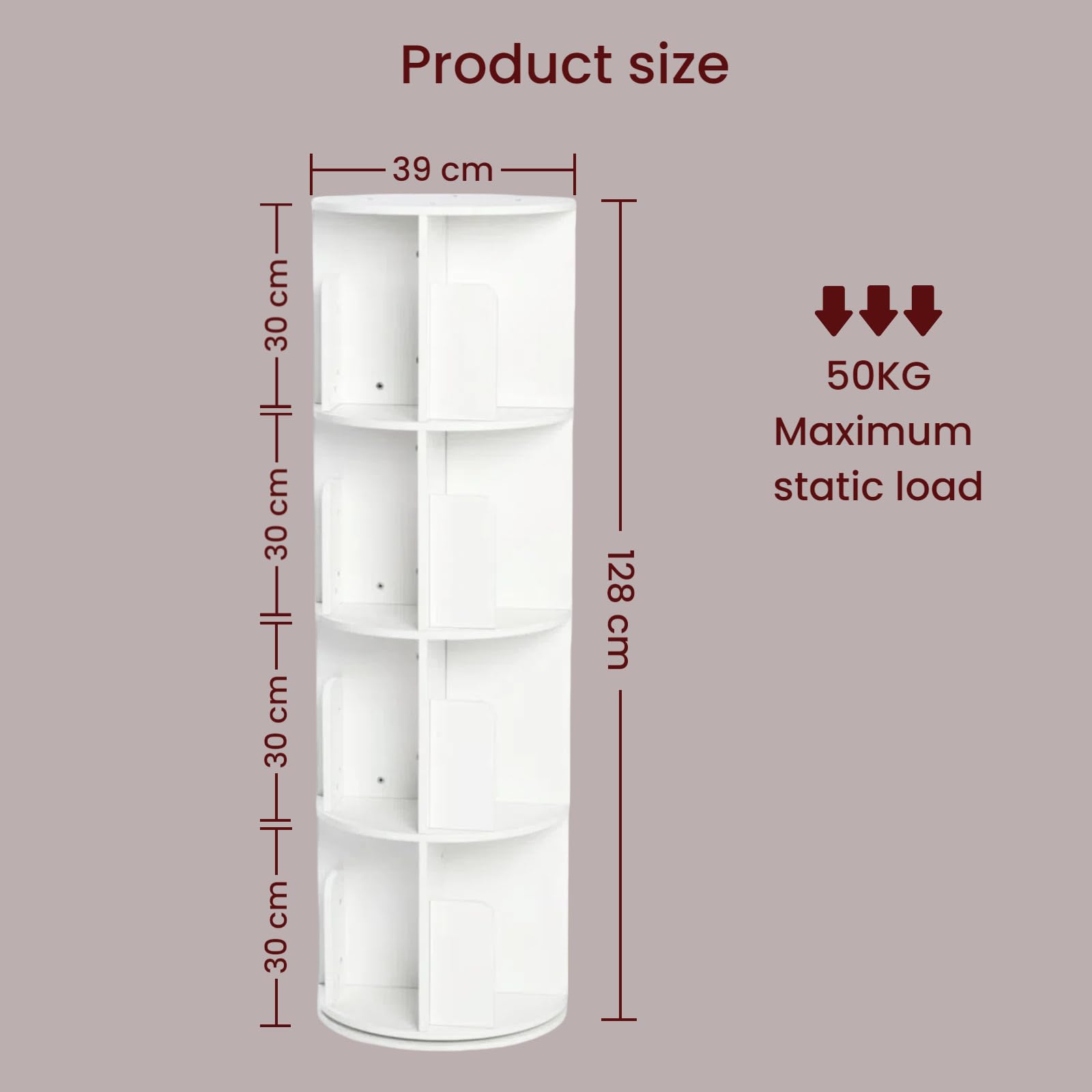 Bibliothèque Rotative, 4 Niveaux et 16 Compartiments, Base Ronde rotative à 360°, Convient pour Salon, Chambre, Bureau, Chambre d'enfant, 39×128cm (φ×H), Blanc