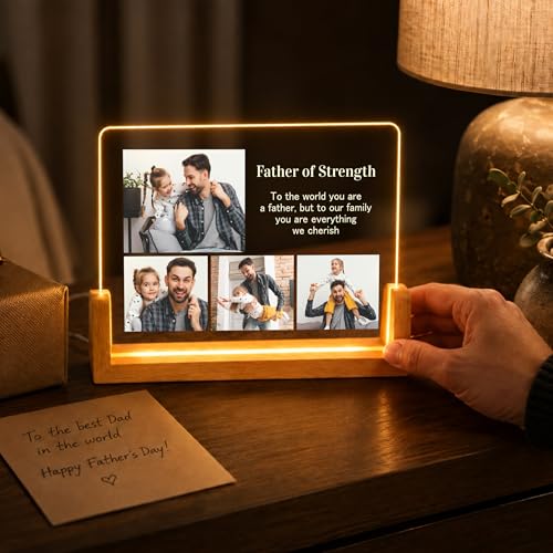 Image of Giftplease Personalized LED Photo Frame for Father with Wooden Base | Custom Photo Night Light for Dad | Engraved Acrylic Desk Decor | Birthday, Father's Day, Papa | Warm Glow
