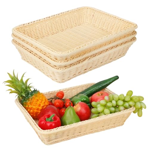 Geytetqi 4 Pack 16 inch Poly Wicker Baskets, Rectangle Poly Wicker Break Baskets – Rustic, Durable & Easy-Cleaning for Home, Restaurant & Hotel Use
