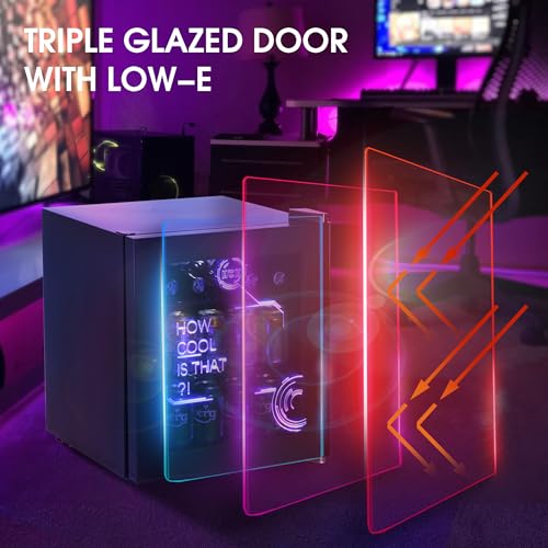 HCK 48L Mini Kühlschrank mit Glastür Leise 39dB, Cyberpunk Getränkekühlschrank mit Fernsteuerbaren RGB LED Lichtern, Flaschenkühlschrank, Mini Fridge 0-15°C für Gaming Deko, Minibar, Schwarz
