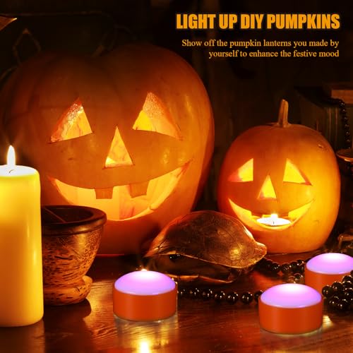 Image of Riakrum 6 Pieces Halloween Remote Timer LED Lights with Remote Summer Halloween LED Pumpkin Lights Battery Operated Lantern Bright Flameless Candle(Orang, Purple Light)