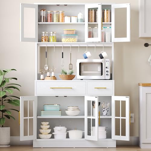 GOOBED 71" Pantry Cabinet with Power Outlet, Tall Kitchen Pantry Storage Cabinets with Microwave Stand, Farmhouse Kitchen Hutch with Drawers, Hook, Door and Shelves for Home Living Dining Room, White