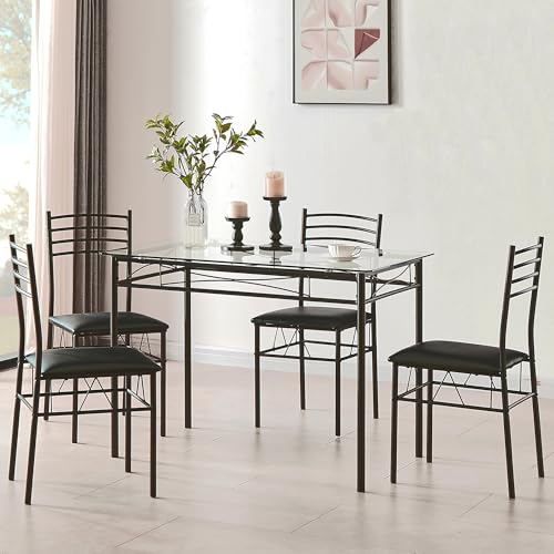  VECELO 4 Seater Dining Table and Chairs Set, Padded Seats, Glasses Tabletop, Space Saving Design, Matte Black
| VECELO 