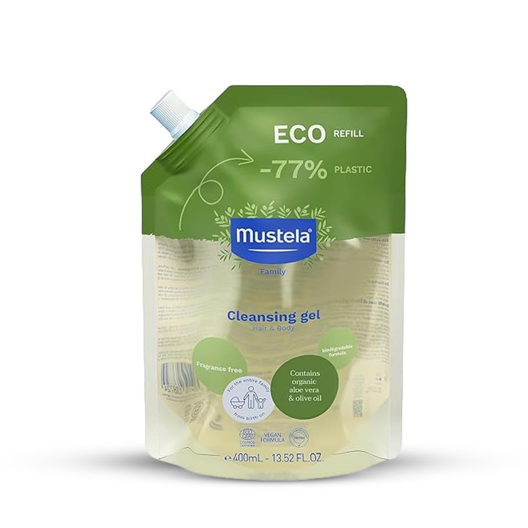 Mustela Eco Recarga Gel Limpiador Bio Vegano, Aceite de Oliva, Aloe Vera y Glicerina, Cuerpo y Cabello, Bebé, Toda la Familia - Limpieza Suave, 99% Ingredientes de Origen Natural (400ml)