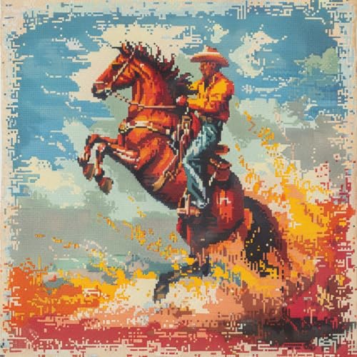 Generic Brown Horse Rearing up with Cowboy DIY 11CT Stamped Cross Stitch Kits for Beginners Easy Needlepoint Embroidery Counted Cross Stitch Art Craft for Wall Decoration 16x16inch(1)