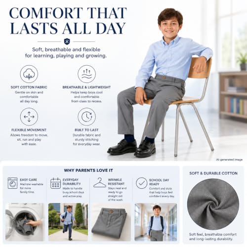 Image of Bienzoe Boys School Uniform Pants: Adjustable Waist Flat Front | Students Ages 6-13, Classroom Days, Picture Day, Awards, Open House, Chapel, Family Events, Lean-To-Regular Builds, Neat Look