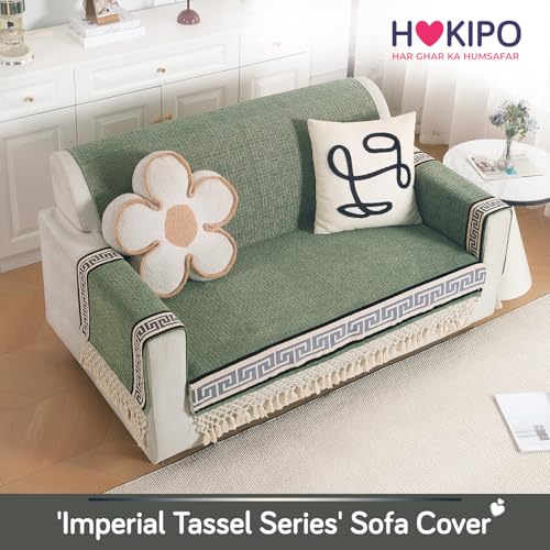 Image of HOKIPO 'Imperial Tassel Series' Premium Chenille Jacquard Sofa Cover Set for 2 Seater for Seat, Back & Arms with Tassels, Sage Green (IN-1010 + IN-1012-I8*2)