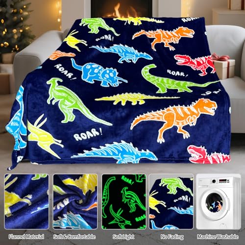 Image of TEHALK Dinosaur Glow in The Dark Blanket for Boys /Girls /Toddler /Baby, Dinosaur Toys for Boy Age 3-12, Cute Funny Kids Throw Blanket for Birthday /Gifts 50 inchx 60 inch