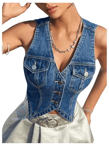 GORGLITTER Women's Y2K Denim Vest Sleeveless V Neck Denim Top Button Down Vest Jacket4