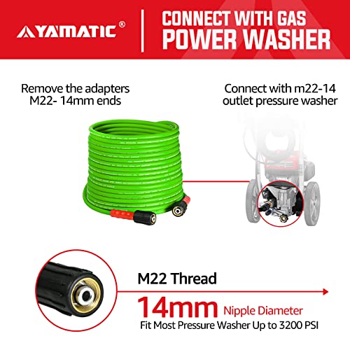 Yamatic Flexible Pressure Washer Hose 25 Ft X 1/4", Universal Replacement M22-14Mm 15Mm Adapters Compatible With Sun Joe, Craftsman, Greenworks, Ryobi, Troy Bilt Gas Electric Power Washer & Wand Green #TOP2