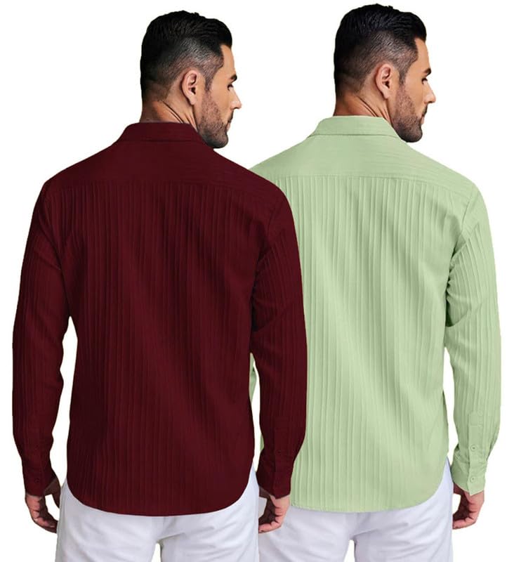 Image of DEELMO Combo of Men's Casual Button Down Shirts Long Sleeve Linen Shirt Fashion Textured Summer Shirts Pack of 2