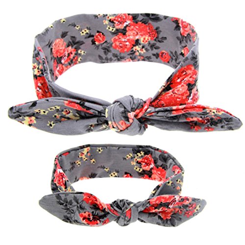 FEITONG 2016 Adults and Baby DIY Printing Rabbit Ears Elastic Cloth Bowknot Headband (Gray)