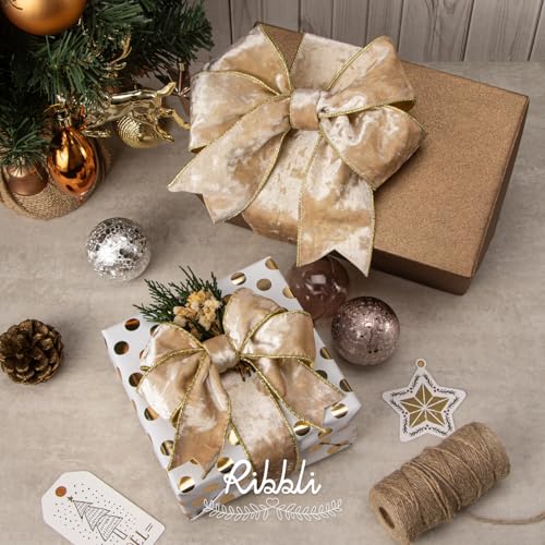 Image of Ribbli Champagne Velvet Wired Ribbon 2.5 Inch Metallic Champagne Gold Crushed Velvet Christmas Ribbon for Gift Wrapping Christmas Tree Decoration Crafts Wreaths Supplies-Continuous 10 Yards