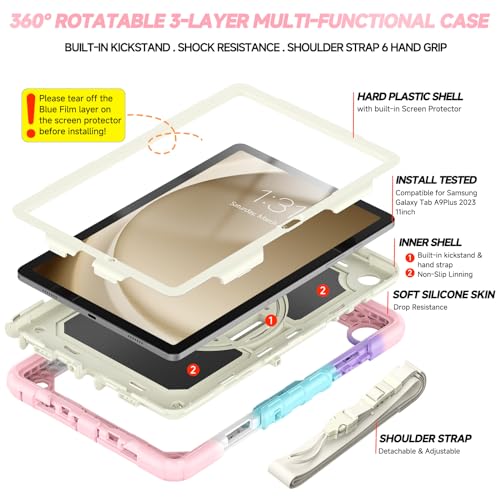 SIBEITU Case for Galaxy Tab A9+ 2023 with Screen Protector | Galaxy Tab A9+ Plus Case 11" for Kids | Heavy Duty Shockproof Cover w/Hand Grip Shoulder Strap for Samsung Tab A9 Plus, Colorfulpink