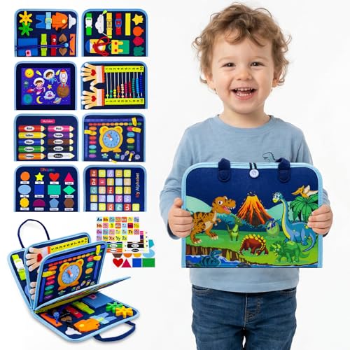TreBonna Montessori Busy Board for Toddlers 8 Pages 30+ Activities Sensory Toy Toddler Learning Toys with ABC Numbers Shapes Travel Toy Preschool Educational Gift for Boys Girls Blue Dinosaur