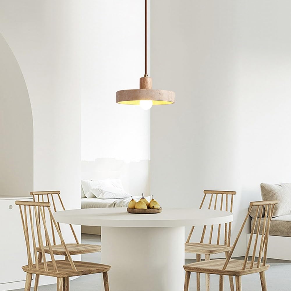 Nordische Naturstein-Pendelleuchte, Wabi Sabi gelbe Travertin- und Holzdecken-Hängelampe, Mid-Century Modern Marmor-Pendellampe for Kücheninsel, Esszimmer, Schlafzimmer(Wood)