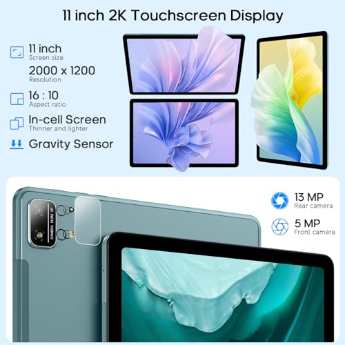 Image of Tablet, 6+8GB (Expanded) RAM 256GB ROM, 11 Inch Android 13 Tablets with Octa-Core Processor, 2K Display, 13MP+5MP Camera, 18W Fast Charging, 7500mAh, GPS, WiFi, BT 5.0, Dual SIM, 2.4G /5G WiFi