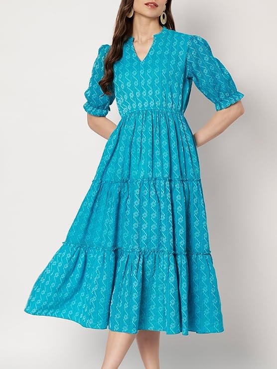 Image of PIDAVLIYA'S Women's Floral Summer Maxi Dress I Cotton Printed I One Piece Bodycon Midi Dress with V-Neck, Puffed Sleeves