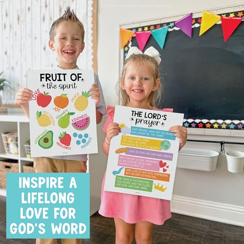 Image of Hadley Designs Sunday School Decorations for Classroom -9 Bible Posters for Kids, Books of the Bible, 10 Commandments, Bible Timeline Chart, Fruits of the Spirit, Rainbow Christian Classroom Decor
