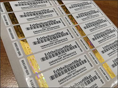 Holomarks 250 Stück Gold High Security Echtheitszertifikat Etiketten mit Seriennummern und Hologramm 70x20mm mit UV security Certificate of Authenticity GERMAN TEXT