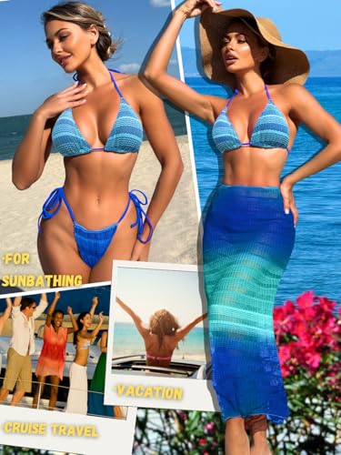 Kaei&Shi Women 3 Piece Crochet Swimsuit,Halter Triangle Bikini Sets with Ombre Cover Up4