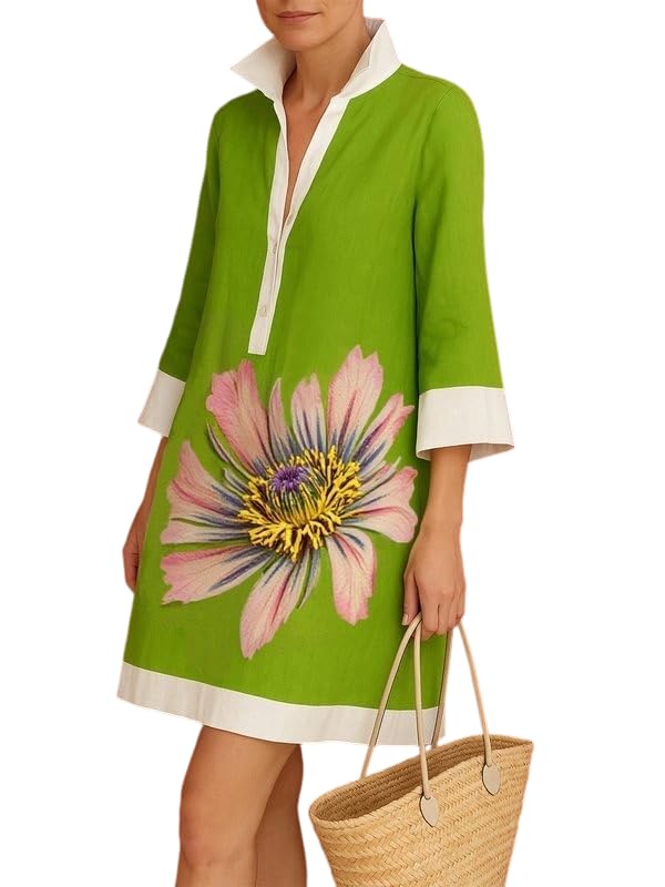 Image of UOOZEE Summer Dresses for Women Casual Shirt Dress 3 /4 Quarter Long Sleeve Printed Work Dress